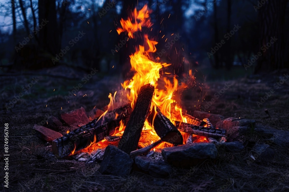Campfire At Night. Dark Forest Evening with Burning Fire and Glowing Flames Campfire At Night. Dark Forest Evening with Burning Fire and Glowing Flames