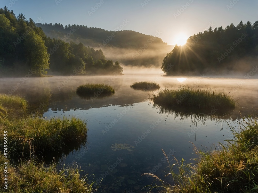 Fototapeta premium Sunrise and morning mist enhance the beauty of Lake Lamoura in the Haut Jura region of France Concept Nature Photography, Scenic Views, Sunrise, Morning Mist, Lake Lamoura.