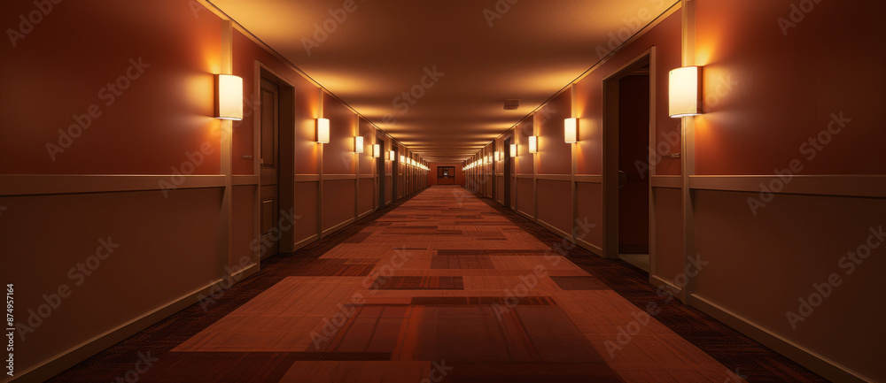 A dimly lit hallway with wooden walls and wall-mounted lamps casting a warm glow.
