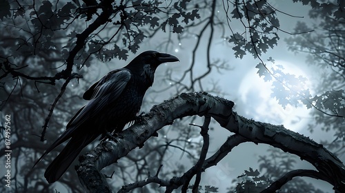 black raven on night scene with full moon 
