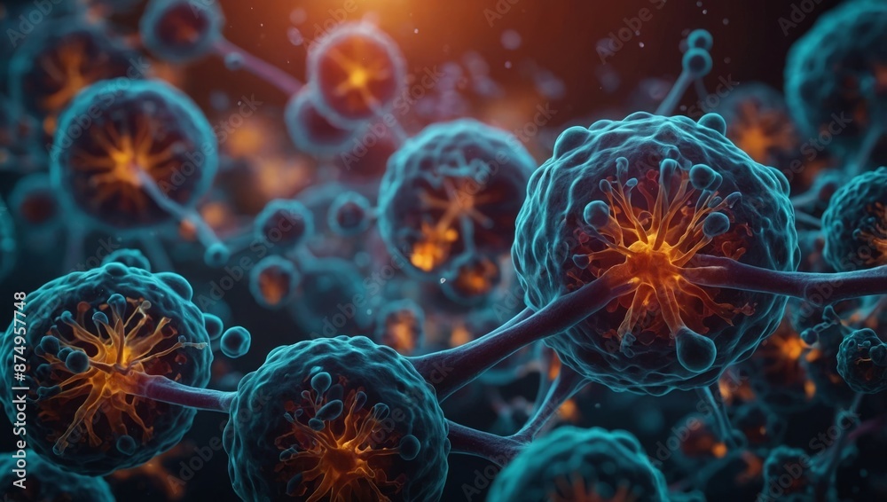 Microscopic view of cells and molecules with a vibrant, glowing background, showcasing the beauty of biological and scientific imagery. Microscopic view of cells and molecules with a vibrant, glowing background, showcasing the beauty of biological and scientific imagery.