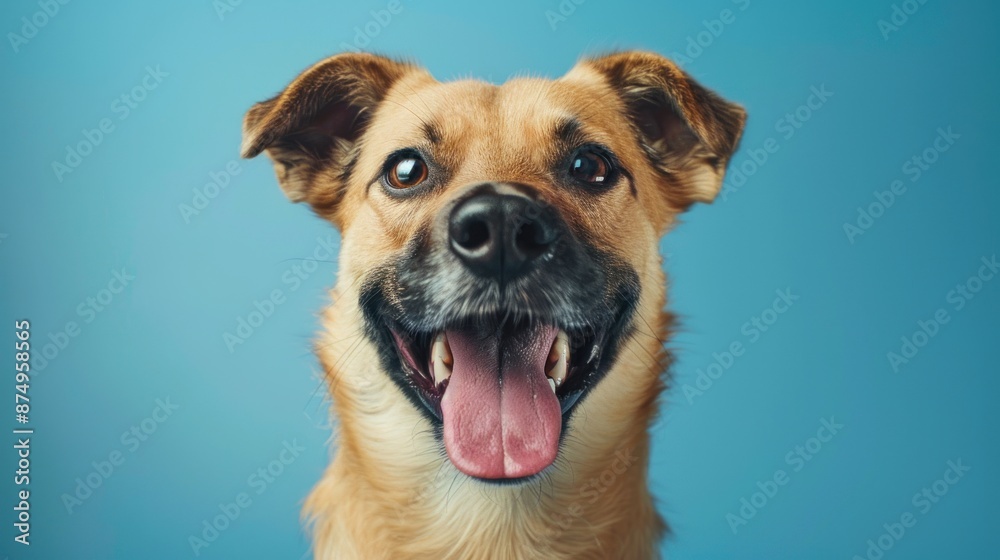 Close-up of a dog looking excited, with tongue out, sitting in front of a blue background, Portrait close-up, hyper-realistic, high detail, photorealistic, studio lighting, Key Light, Fill Light, Close-up of a dog looking excited, with tongue out, sitting in front of a blue background, Portrait close-up, hyper-realistic, high detail, photorealistic, studio lighting, Key Light, Fill Light,