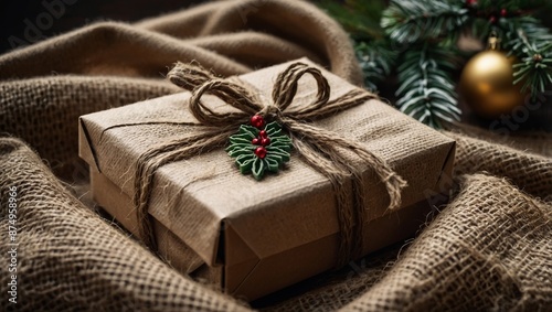 Zero waste christmas gifts Eco-friendly presents in open box Burlap packaging.