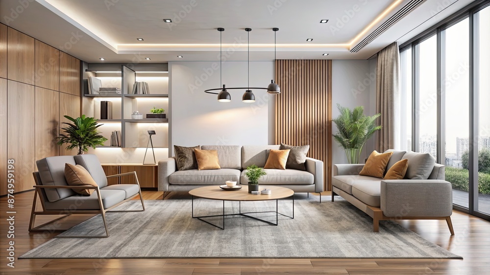 Fototapeta premium Modern and minimal living room with sleek furniture and neutral colors, minimalism, contemporary, clean, interior design