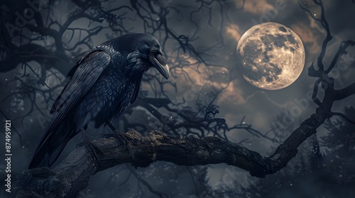 black raven on night scene with full moon 