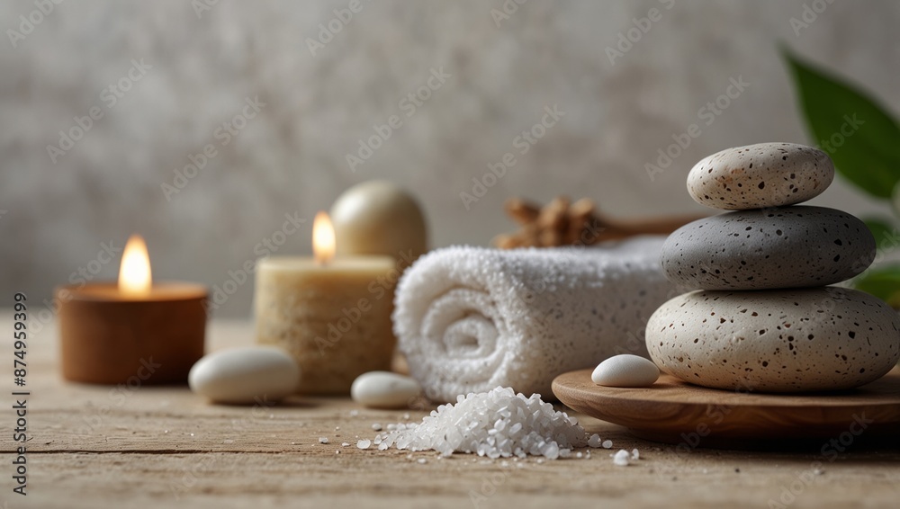 Spa and wellness concept with natural beauty products, massage stones, and sea salt on white wooden table Copy space for text. Spa and wellness concept with natural beauty products, massage stones, and sea salt on white wooden table Copy space for text.