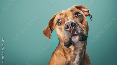 Close-up of a dog looking curious, tilting head, sitting in front of a teal background, Portrait close-up, hyper-realistic, high detail, photorealistic, studio lighting, Key Light, Fill Light, Back