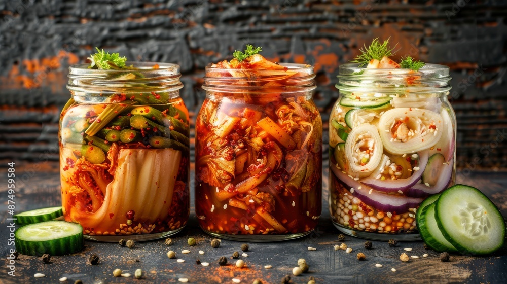 Various kimchi (kimchi cabbage, cucumber and radish) in jar, Korean food Various kimchi (kimchi cabbage, cucumber and radish) in jar, Korean food