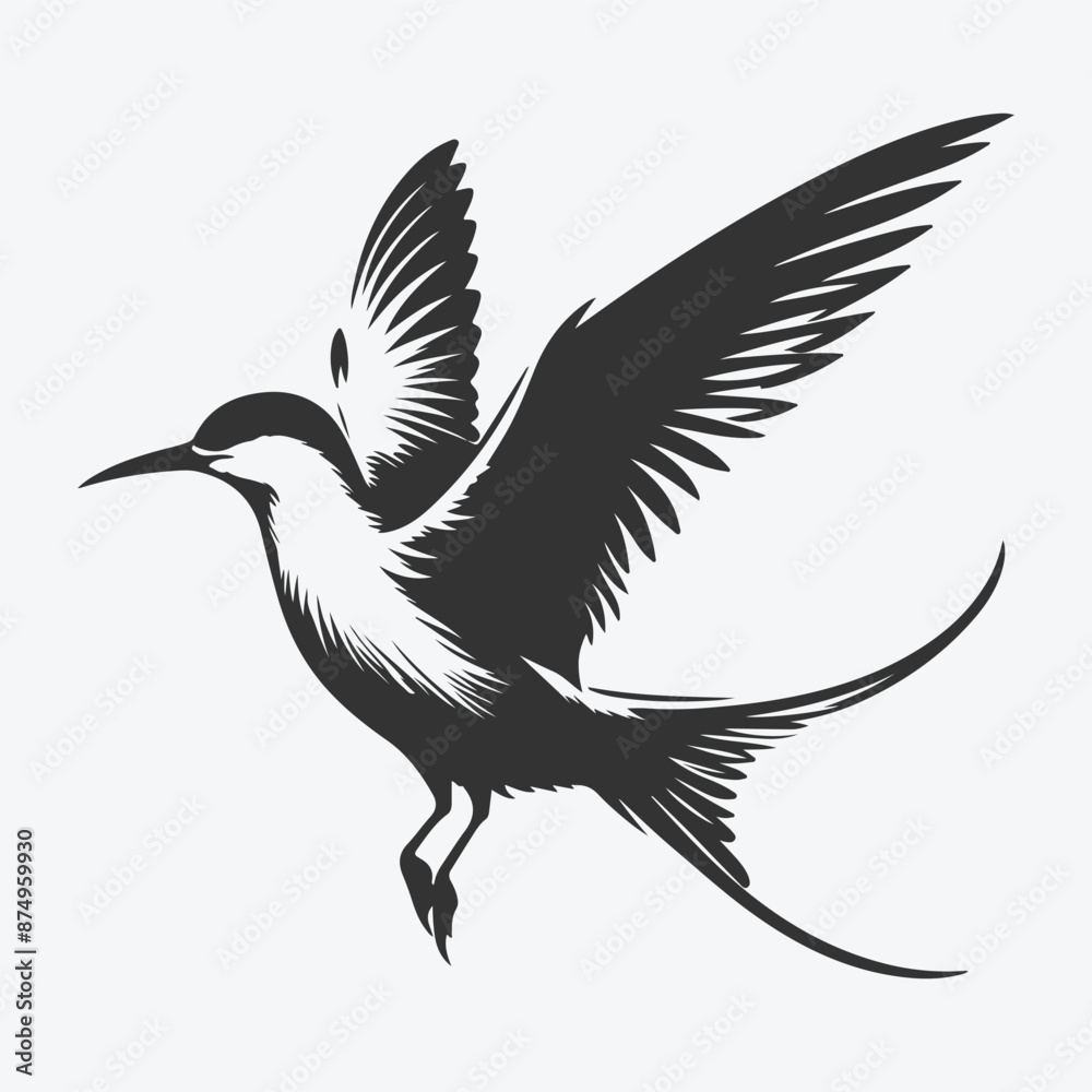 Obraz premium Majestic Tern Silhouette Soaring Across the Skywhite background