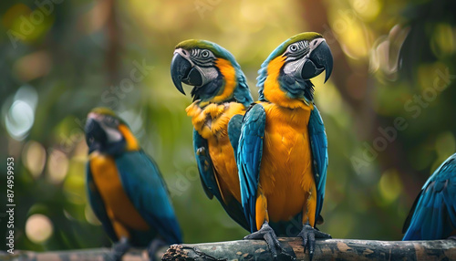 Colorful Macaw Parrots in Tropical Rainforest, Interesting Plants in Background, Green Nature Wallpaper with Copy Space