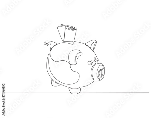 Continuous one line drawing of piggy saving. One line drawing illustration of piggy bank. Business and economy concept line art. Editable outline.