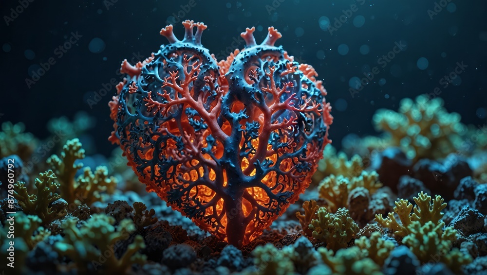 Fototapeta premium Illustration of Ocean's Heart Coral in form of the heart Ecosystem Vitality concept, soul of the sea Nature and environment protection, eco friendly.