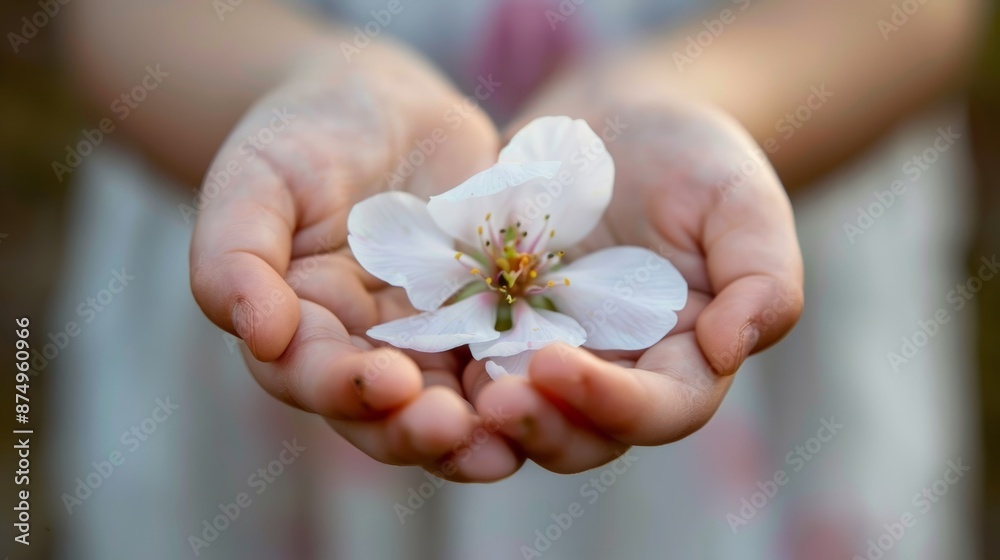 A close-up view of a childs hands holding a single, delicate flower. A close-up view of a childs hands holding a single, delicate flower.