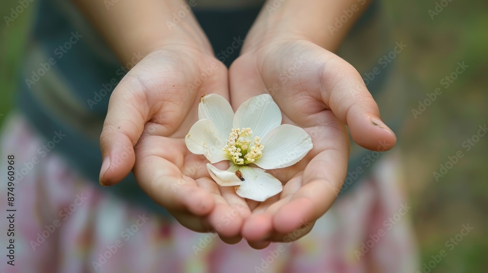 A close-up view of a childs hands holding a single, delicate flower.