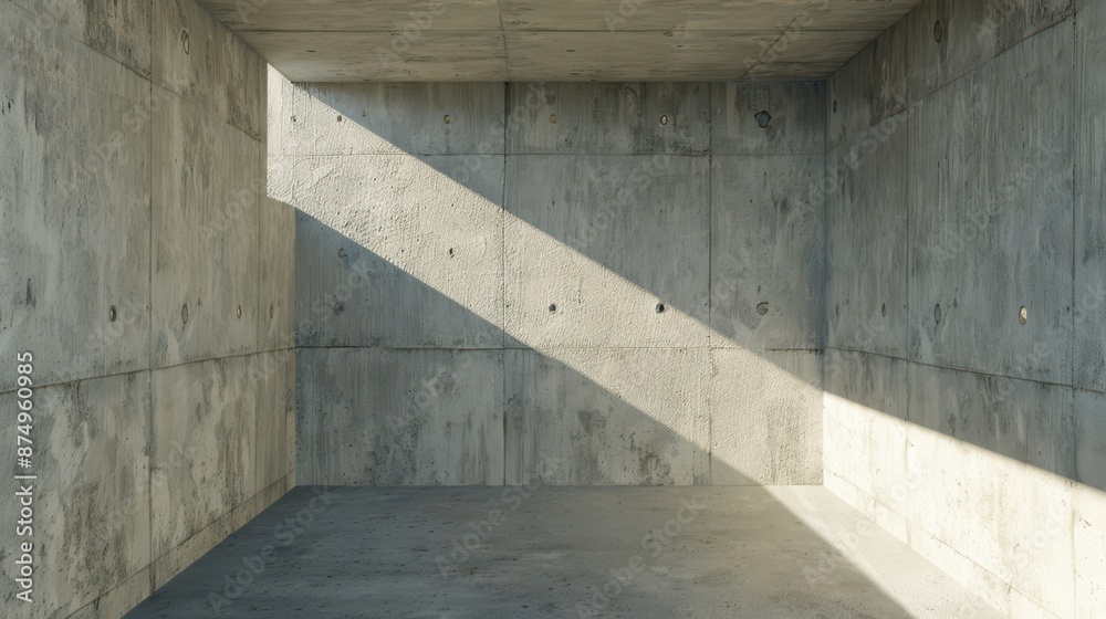 an empty room with concrete walls and a light coming from the ceiling