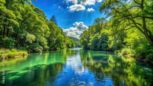 Lush green forest with clear blue skies and a tranquil river flowing through it, eco-friendly, earth, natural, setting