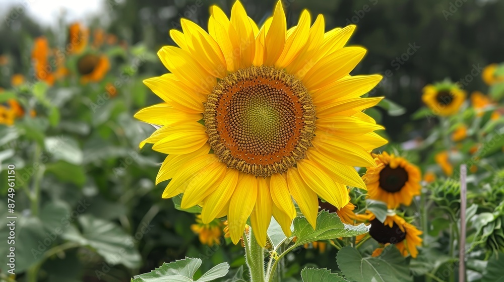Fototapeta premium A close-up view of a sunflower in full bloom, towering over the surrounding flowers with its bright yellow center.