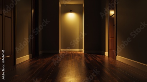 an empty hallway with light coming from the door photo