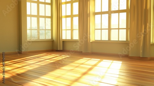 an empty room with sunlight shining through the windows