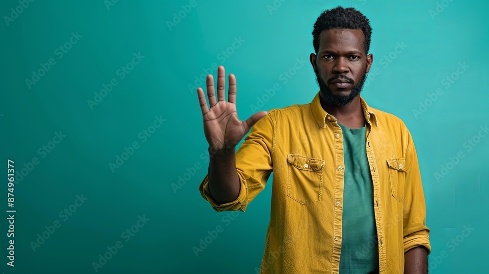 African american man holding hand forward giving signal to stop domestic violence, green isolated background with copy space. August 31 is International Day of People of African Descent African american man holding hand forward giving signal to stop domestic violence, green isolated background with copy space. August 31 is International Day of People of African Descent