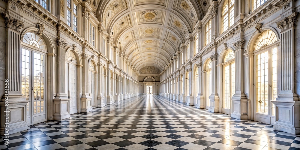 Obraz premium Luxurious corridor perspective with marble floors, gallery, and windows in Reggia di Venaria Reale, Italy