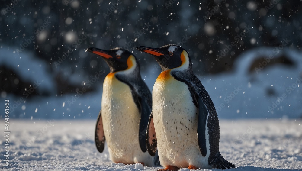 Obraz premium Penguin couple on Christmas on snowy icy backgrounds with copy space.
