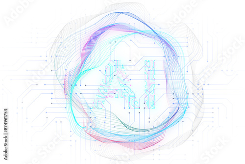 Isolated AI symbol adorned with complex circuit layout on a white background. Surrounded by colorful, flowing elements 3D rendering.