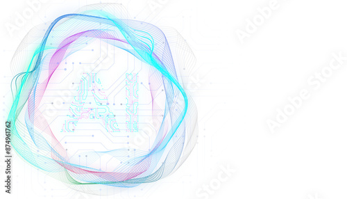 AI symbol adorned with complex circuit layout on a white background. Surrounded by colorful, flowing elements 3D rendering. photo