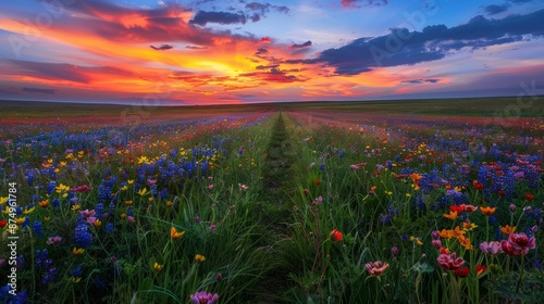 A colorful sunset casting long shadows across a field of wildflowers on the prairie