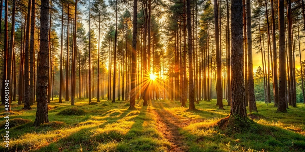 Naklejka premium Sunset casting warm light through the trees in a peaceful forest setting, Sunset, Forest, Trees, Nature, Sunlight