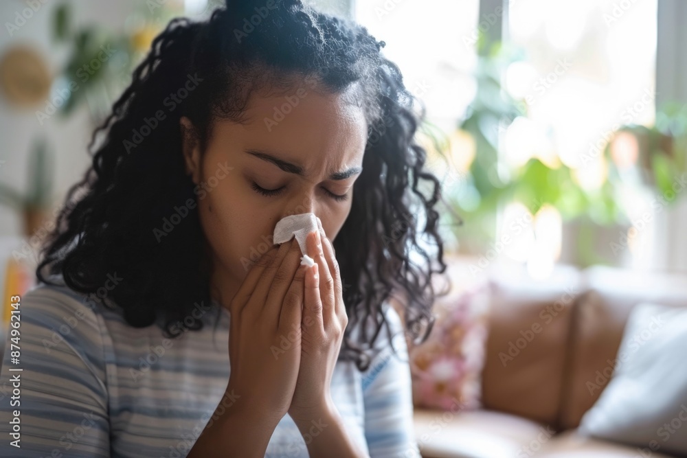 Sick Person with Fever: Woman Checking Body Temperature and Blowing Nose for Treatment Sick Person with Fever: Woman Checking Body Temperature and Blowing Nose for Treatment