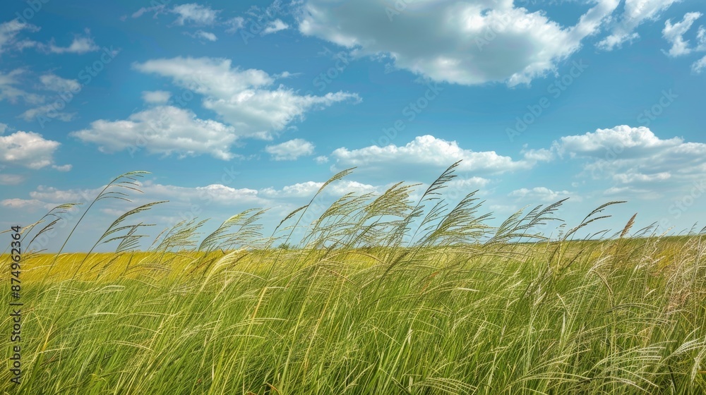 A field of tall grasses swaying gently in the wind under a bright blue summer sky A field of tall grasses swaying gently in the wind under a bright blue summer sky