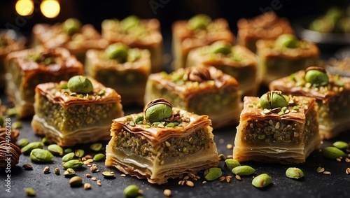 Traditional turkish, arabic sweets baklava assortment with pistachio Top view, copy space. photo