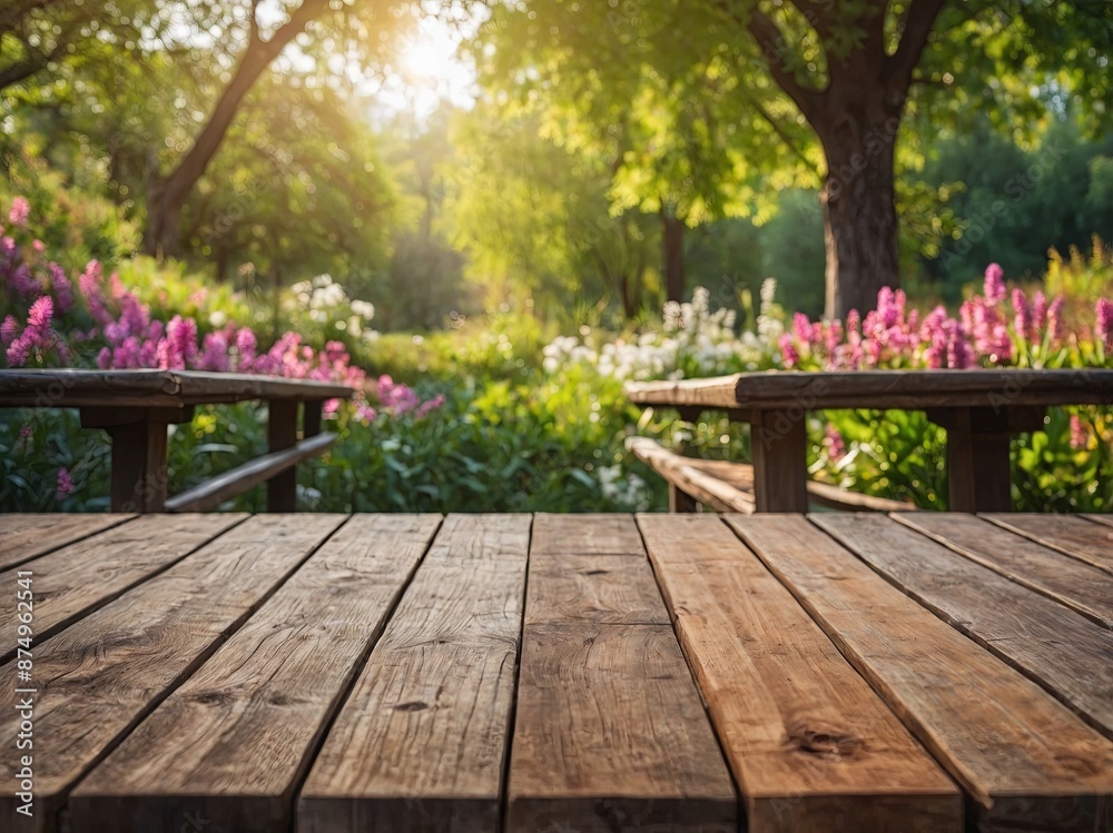 Empty wooden table with spring background Wooden table terrace with Morning fresh atmosphere nature Park with garden bokeh background with country outdoor,. Empty wooden table with spring background Wooden table terrace with Morning fresh atmosphere nature Park with garden bokeh background with country outdoor,.
