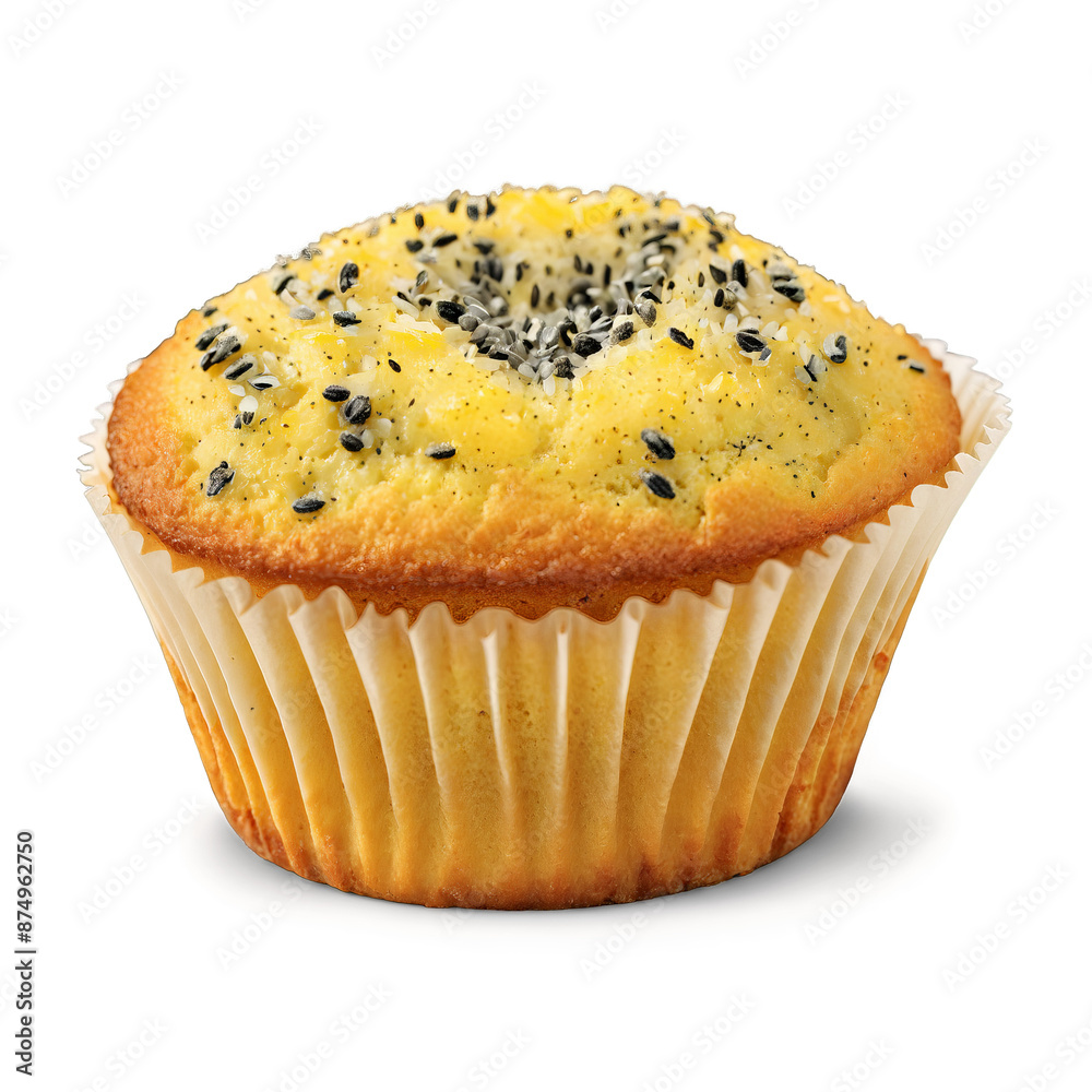 Lemon poppy seed muffin with golden brown top visible poppy seeds moist crumb paper liner Lemon poppy seed muffin with golden brown top visible poppy seeds moist crumb paper liner
