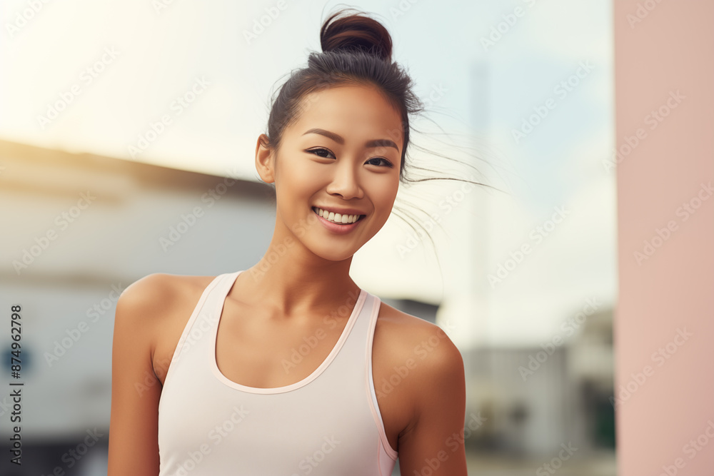 cheerful asian female idle taking a break from her workout. The athlete is wearing a light color sports tank top cheerful asian female idle taking a break from her workout. The athlete is wearing a light color sports tank top