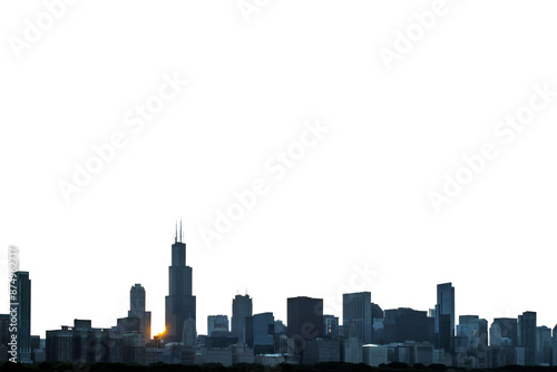 Silhouette of Chicago skyline at dusk with sunlight peeking through buildings, isolated on a white background, concept of cityscapes photo