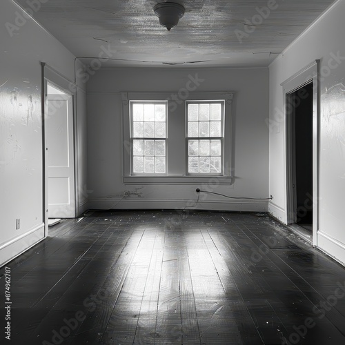 an empty room with a light shining on it photo