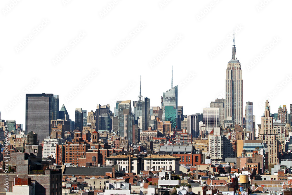 Fototapeta premium New York City skyline with prominent buildings against a white background, depicting a bustling urban scene
