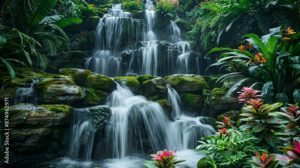A hidden waterfall cascading down moss-covered rocks, surrounded by lush vegetation and vibrant flowers. A hidden waterfall cascading down moss-covered rocks, surrounded by lush vegetation and vibrant flowers.