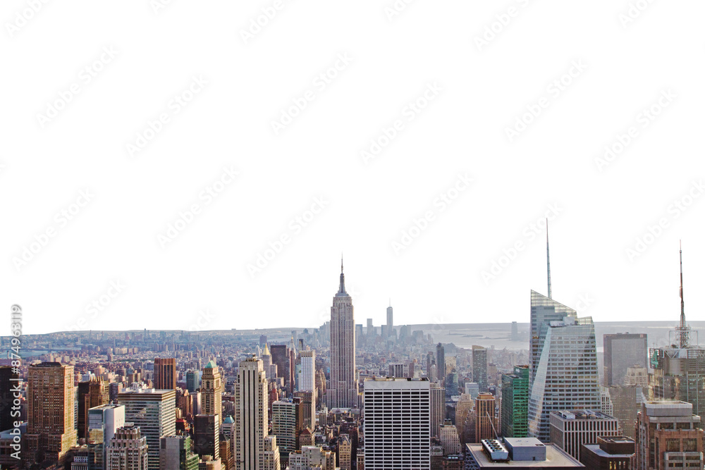 Fototapeta premium The image shows the Manhattan skyline with skyscrapers on a white background, capturing the essence of NYC cityscape
