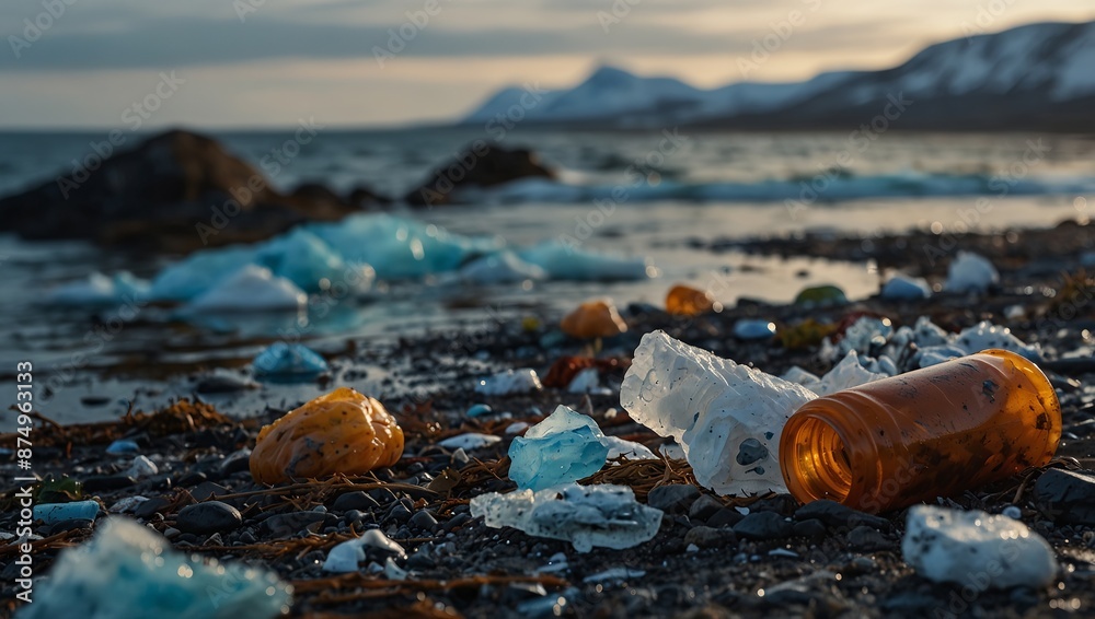 Obraz premium Polluted arctic shoreline with plastic waste.