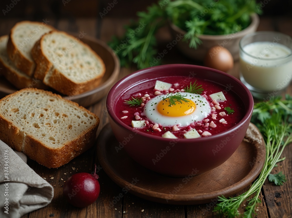 Cold beetroot soup okroshka with kefir served with eggs, dill and bread slices, rustic background, top view. Cold beetroot soup okroshka with kefir served with eggs, dill and bread slices, rustic background, top view.