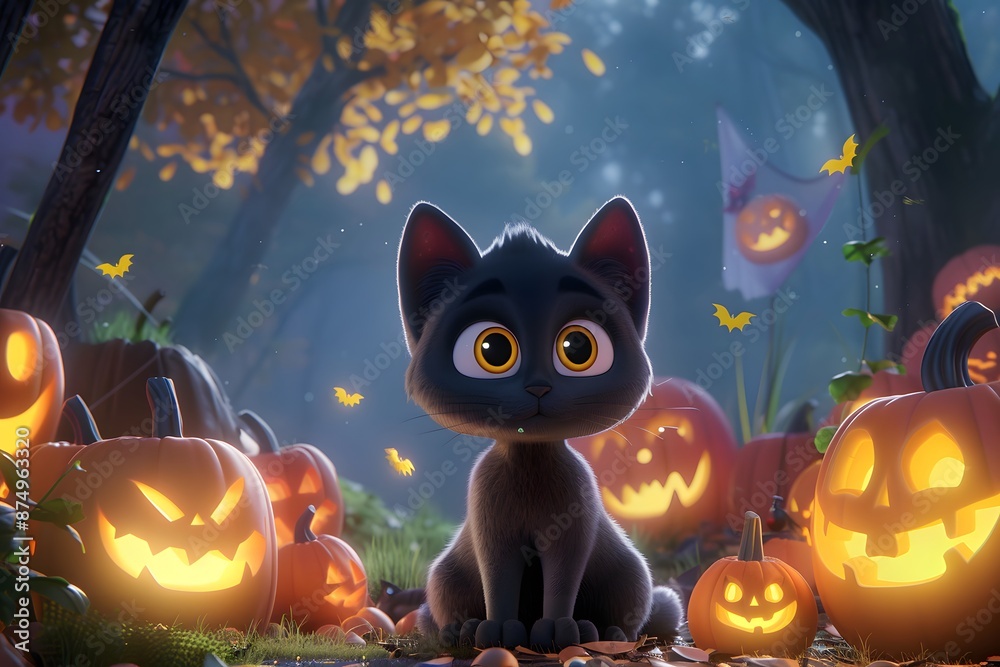 Fototapeta premium Adorable black kitten surrounded by glowing jack-o'-lanterns in a festive Halloween forest.