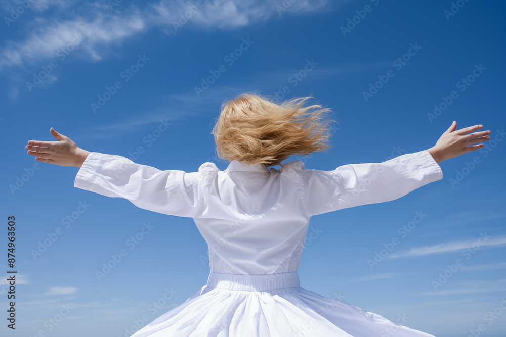 A woman under a clear blue sky, spreading her arms wide to enjoy freedom A woman under a clear blue sky, spreading her arms wide to enjoy freedom