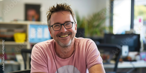 A happy man with glasses and pink shirt sat in an office 