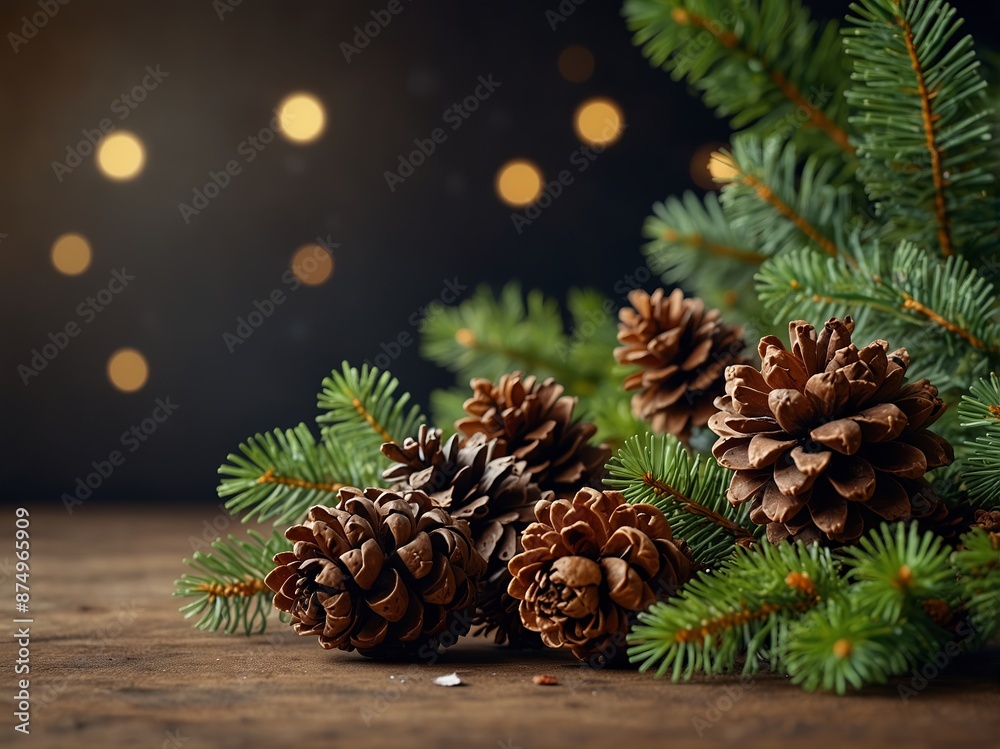 Fototapeta premium Christmas border with fir branches and pine cones.