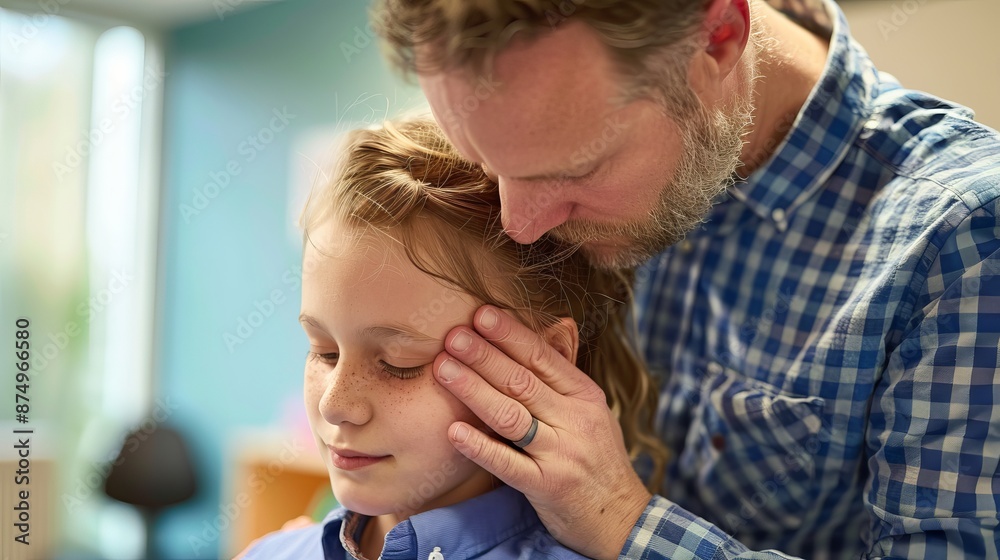 A skilled osteopath uses his experienced hands to massage a young patient's head during a hospital visit. A skilled osteopath uses his experienced hands to massage a young patient's head during a hospital visit.