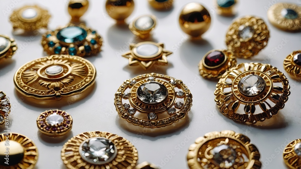 A collection of shiny gold brooches displayed on a white table Perfect for fashion or jewelry concepts. A collection of shiny gold brooches displayed on a white table Perfect for fashion or jewelry concepts.