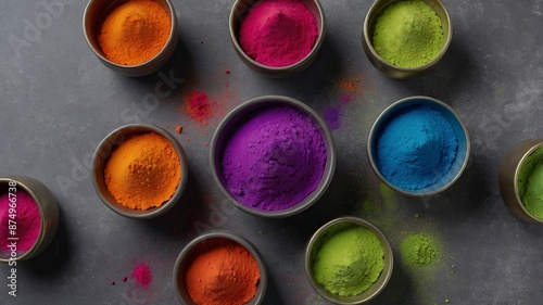 top view of colorful holi powder in bowls on grey surface. photo